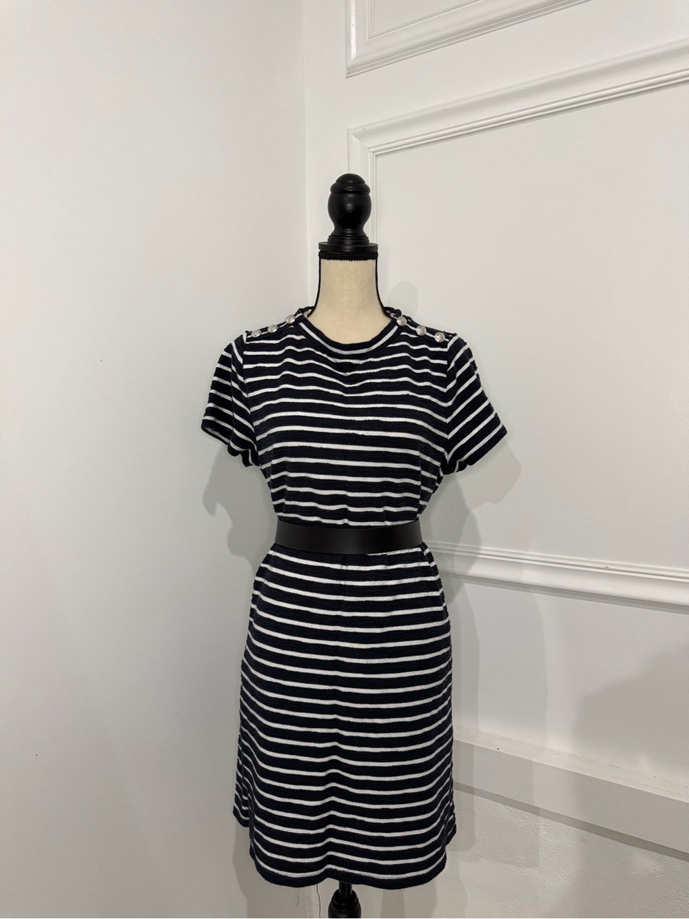 LOFT Black and White Striped Short-Sleeve Midi Dress